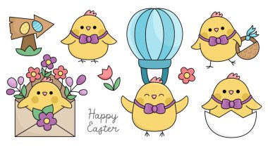 Vector Easter chicks set for kids. Cute kawaii chickens collection. Funny cartoon characters. Traditional spring holiday symbol illustration with bird with basket, eggs, flying on hot air balloo