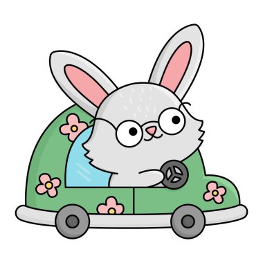Vector Easter bunny icon for kids. Cute kawaii rabbit illustration. Funny cartoon hare character. Traditional spring holiday symbol in glasses driving a green car with pink flower