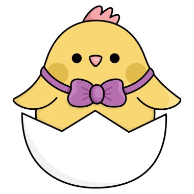 Vector Easter chick icon for kids. Cute kawaii chicken illustration. Funny cartoon bird character. Traditional spring holiday symbol in bow hatching or sitting in eg