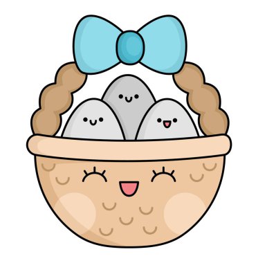 Vector kawaii basket with eggs icon for kids. Cute Easter symbol illustration. Funny cartoon character. Adorable spring clipar