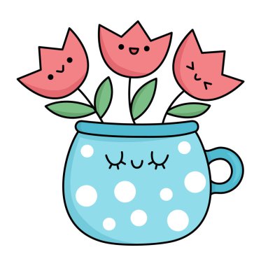 Vector kawaii pot with tulips icon for kids. Cute Easter symbol illustration. Funny cartoon character. Adorable spring clipart with smiling cup and first flower bouque