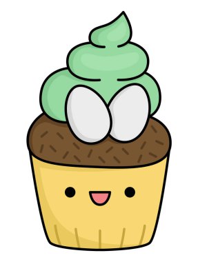 Vector Easter cupcake for kids. Cute kawaii cup cake with green cream and eggs. Funny cartoon character. Traditional spring holiday dessert illustratio
