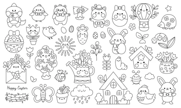 黑白相间的病媒是为孩子们准备的复活节气候 可爱的卡通人物 传统的线条符号收集与兔子 春假彩绘桶 — 图库矢量图片