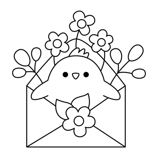 子供のためのベクトル黒と白のイースターの雛のアイコン かわいいカワイイチキンイラストや着色ページ 面白い漫画の鳥の文字 花の封筒から突き出た伝統的な春の休日のシンボル — ストックベクタ