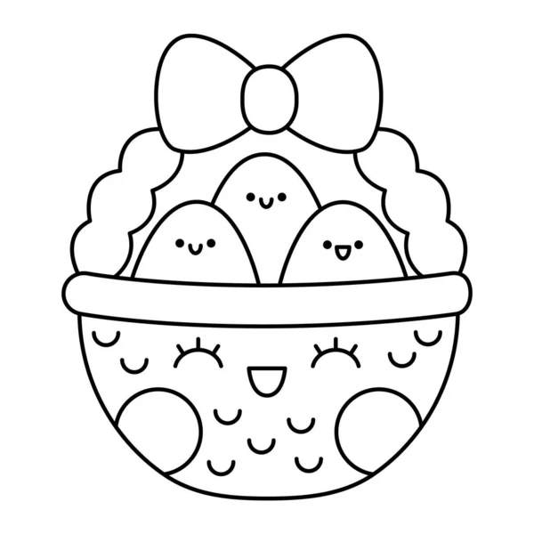 Vector Black White Kawaii Basket Eggs Icon Kids Cute Line — Wektor stockowy