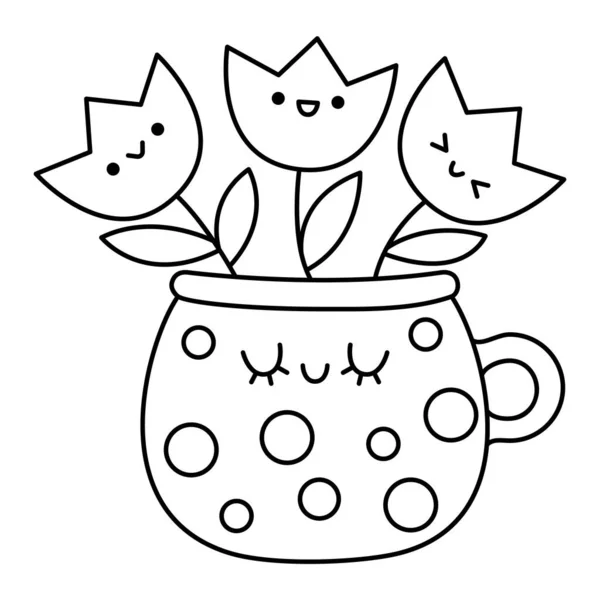 Vector Black White Kawaii Pot Tulips Icon Kids Cute Line — 스톡 벡터
