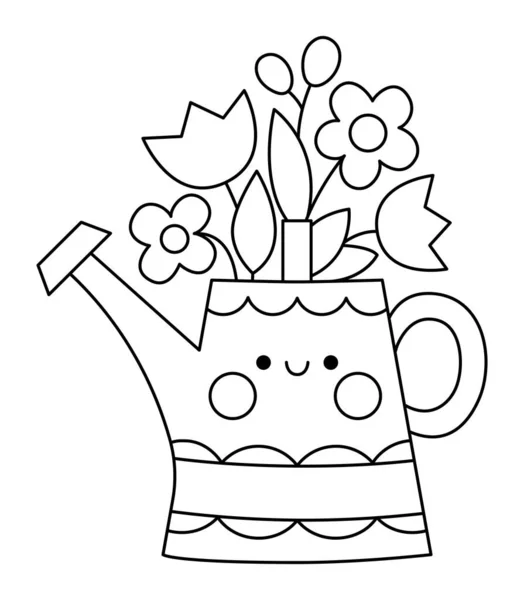 子供のための最初の花のアイコンを持つベクトル黒と白のカワイイ散水缶 かわいいラインイースターシンボルイラストや着色ページ 面白い漫画のキャラクター 愛らしい春の笑顔 — ストックベクタ