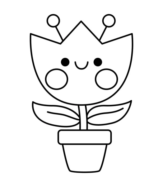 Vector Black White Kawaii Flower Pot Tulip Icon Kids Cute — Vector de stock