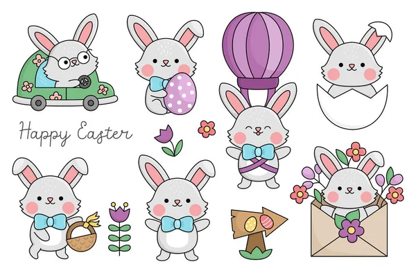 给孩子们的复活节兔子 可爱的Kawaii兔子系列 有趣的卡通人物 传统的春节假期象征是野兔用篮子 热气球飞行 — 图库矢量图片
