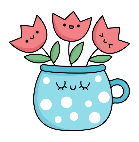 带有郁金香图标的卡瓦瓦锅 有趣的复活节象征图解 有趣的卡通人物 可爱的春风带着微笑的杯子和初开的花朵 — 图库矢量图片