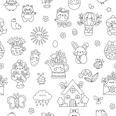 Vector black and white kawaii Easter seamless pattern for kids. Cute spring cartoon repeat background or coloring page. Digital paper with bunny, colored eggs, bird, chick, basket, flower