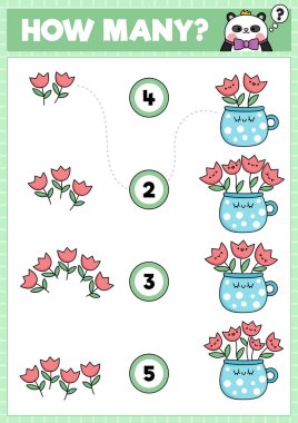 Spring matching game with cute kawaii tulips in cup. Garden math activity for preschool kids. Educational printable Easter counting worksheet with cartoon flowers in po
