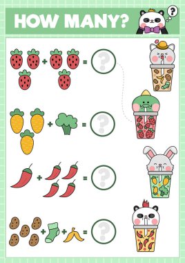 Matching game with cute kawaii fruit, vegetables drinks. Math activity for preschool kids. Comic educational printable counting worksheet with cartoon animals drinking fancy bubble te