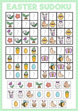 Vector kawaii Easter sudoku puzzle for kids with pictures. Simple spring holiday quiz with cut and glue elements. Garden education activity with bunny, chick, flower, insect, egg. Find missing object