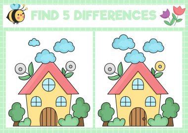 Garden kawaii find differences game for children. Attention skills activity with cute country house. Spring holiday puzzle for kids with funny cartoon cottage. Printable what is different workshee clipart