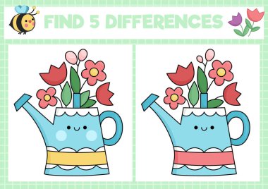 Garden kawaii find differences game for children. Attention skills activity with cute watering can and flowers. Spring holiday puzzle for kids. Printable what is different workshee clipart