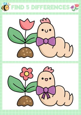 Garden kawaii find differences game for children. Attention skills activity with cute warm, flower sprout. Spring holiday puzzle for kids with funny character. Printable what is different workshee clipart