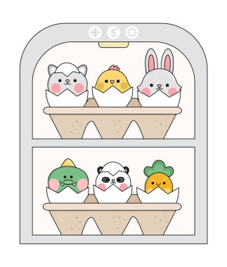 Vector kawaii fridge with egg packaging and hatching animals inside. Easter illustration with cute cat, chick and bunny sitting in eggshell. Cute spring icon for kid