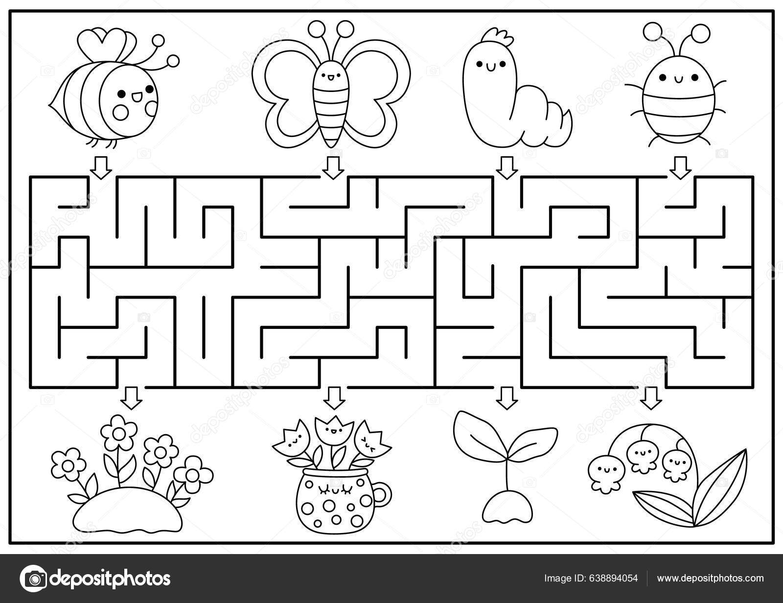 Labirinto preto e branco de conto de fadas para crianças com personagens de  fantasia atividade para impressão pré-escolar do reino mágico com castelo  de carruagem jogo de labirinto geométrico para colorir com