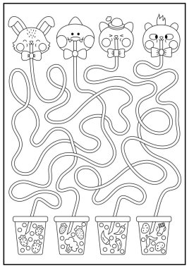 Kawaii black and white maze for kids. Preschool printable activity with cute animals drinking bubble tea with different tastes. Labyrinth game or coloring page with fancy drinks with carrot, strawberr clipart