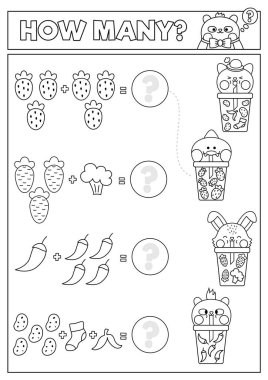 Black and white matching game with cute kawaii fruit, vegetables drinks. Math activity for preschool kids. Printable counting worksheet or coloring page with cartoon animals drinking bubble te clipart