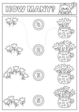 Tatlı kawaii laleleri ile bahar siyah beyaz eşleşme oyunu. Çocuklar için bahçe matematiği aktivitesi. Eğitimsel basılabilir Paskalya sayımı çalışma tablosu veya karikatür çiçekli boyama sayfası