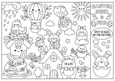Taşra evi ve Kawaii karakterleriyle siyah-beyaz paskalya arama oyunu. Gizli nesneleri tespit et. Basit bir bahar tatili boya sayfası ara ve bul. Bunn ile yumurta avı etkinliği