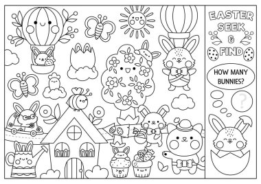 Taşra evi ve Kawaii karakterleriyle siyah-beyaz paskalya arama oyunu. Benekli gizli tavşanlar. Basit bir bahar tatili boya sayfası ara ve bul. Bunn ile yumurta avı yazdırılabilir etkinliği