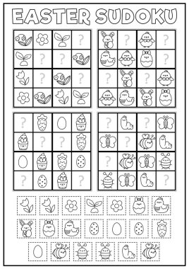 Vector black and white kawaii Easter sudoku puzzle for kids. Simple spring holiday quiz with cut and glue elements. Garden line activity or coloring page with bunny, chick, flower, insect, eg
