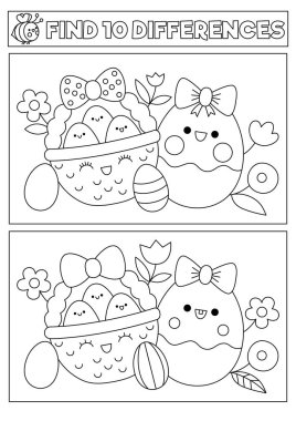 Easter black and white kawaii find differences game for children. Coloring page with cute basket, eggs, flowers. Spring holiday puzzle or activity for kids. What is different printable workshee