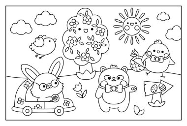 Vector black and white kawaii Easter scene with bunny on a car and chick with basket. Spring cartoon line illustration. Cute holiday egg hunt coloring page for kids with tree, bird, panda bea