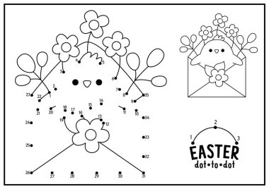 Vector Easter dot-to-dot and color activity with cute kawaii chick in envelope with flowers. Spring holiday connect the dots game. Garden coloring page for kids. Printable workshee