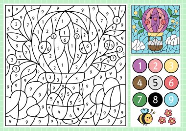 Vector Easter color by number activity with cute kawaii hot air balloon with eggs. Spring holiday scene. Black and white counting game with funny character. Garden coloring page for kid
