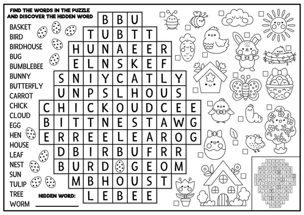 stock vector Vector black and white Easter egg shaped word search puzzle for kids. Spring holiday quiz for children. Coloring page with kawaii symbols. Cute English language cross word with bunny, chick, flowe