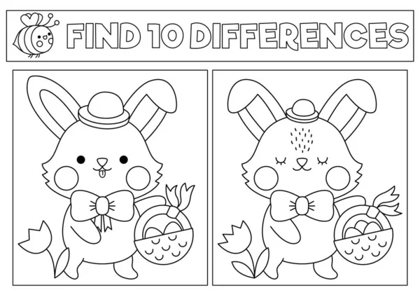 Easter Black White Kawaii Find Differences Game Coloring Page Cute — Archivo Imágenes Vectoriales