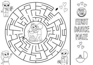 Wedding black and white maze for kids with dancing bride and groom. Marriage printable activity. Matrimonial labyrinth coloring page. Puzzle with just married couple and first danc