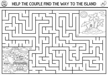 Wedding black and white maze for kids with bride and groom going to honeymoon. Marriage ceremony preschool printable activity with just married couple. Matrimonial labyrinth coloring pag