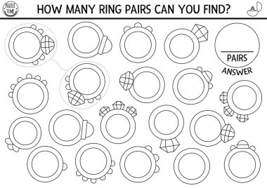 Find two same wedding rings. Marriage ceremony black and white matching activity for children. Educational coloring page worksheet for kids. Printable game with bride and groo