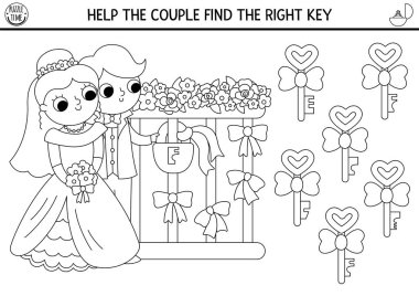 Find the right key for the lock. Wedding black and white matching activity for children. Marriage coloring page worksheet for kids. Printable game with bride and groom