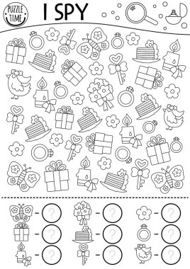 Wedding black and white I spy game for kids. Searching and counting activity with symbols. Marriage ceremony printable worksheet or coloring page. Simple spotting puzzle with bride, groo