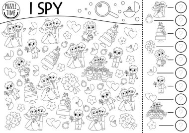 Wedding black and white I spy game for kids. Searching and counting activity or coloring page. Marriage ceremony printable worksheet. Simple spotting puzzle with bride, groom, honeymoon car, cak
