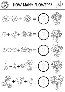 How many flowers black and white game with cute bouquets. Wedding math addition activity or coloring page. Simple marriage ceremony line printable counting worksheet for kid