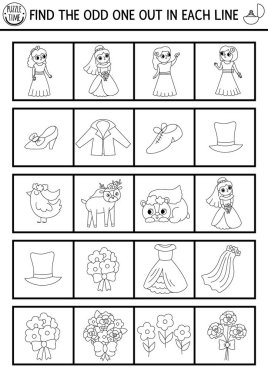Find the odd one out. Wedding black and white logical activity for children. Marriage educational quiz worksheet for kids. Simple printable game or coloring page with cute bride and groo