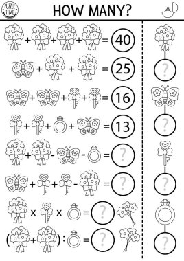 How many flowers game, equation or rebus with cute bouquets. Wedding black and white math activity or coloring page. Marriage ceremony printable counting worksheet for kids with butterfly, rin