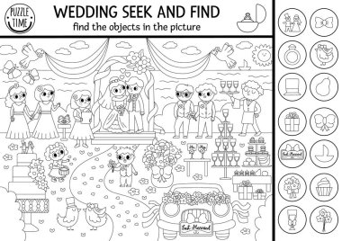 Vector wedding black and white searching game with marriage scene. Spot hidden objects in the picture. Seek and find printable activity or coloring page for kids with cute bride, groom, guest