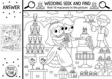 Vector black and white wedding searching game with marriage ceremony scene. Spot hidden macarons. Seek and find line educational printable activity or coloring page with cute bride, groom, cak