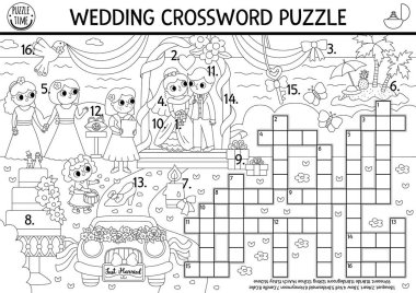 Vector black and white wedding crossword puzzle for kids. Simple line quiz with marriage landscape. Coloring page or activity with bride, groom, cake. Cute cross word with holiday scen