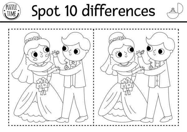 Find Differences Game Children Wedding Black White Activity Cute Married — Archivo Imágenes Vectoriales