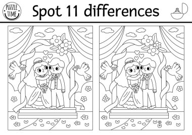 Find differences game for children. Wedding black and white activity with cute married couple under the arch. Marriage coloring page for kids with funny bride and groom. Printable workshee