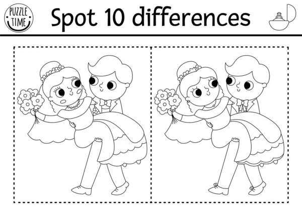 Find Differences Game Children Wedding Black White Educational Activity Cute — Archivo Imágenes Vectoriales